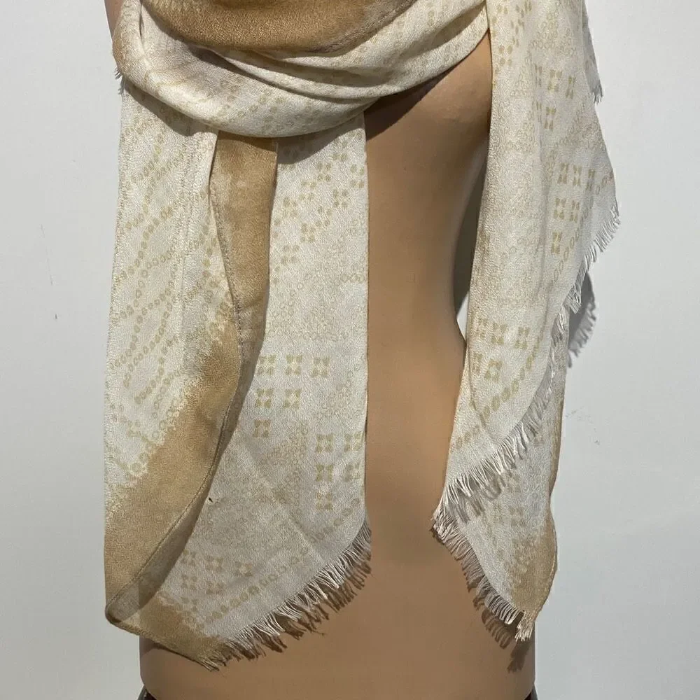 Hinge Unisex Geometric‎ Pattern Fringe Hem Cream / Tan Scarf 33X72